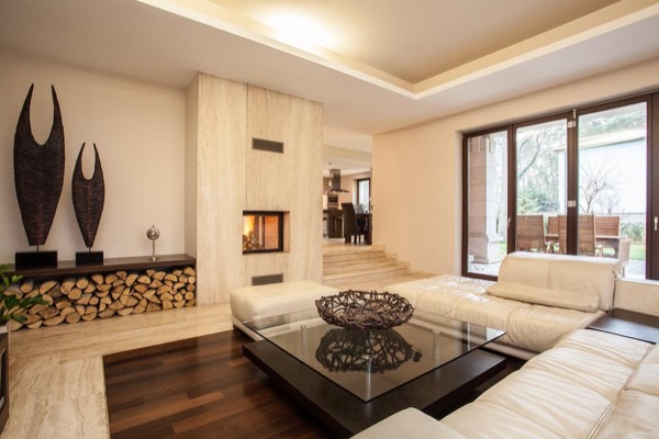 A tidy living room with a fireplace